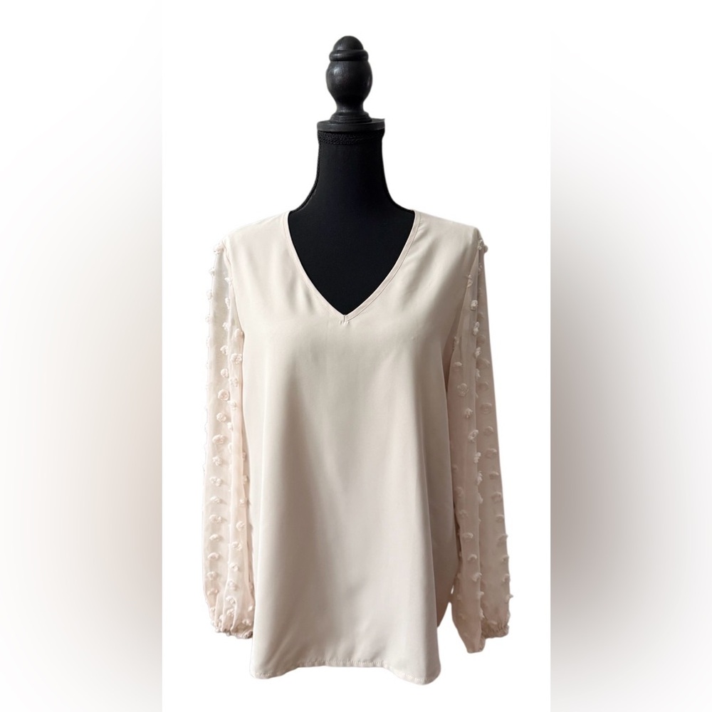 Soft Cream V-Neck Women's Top with Swiss Dots on Sheer Sleeves